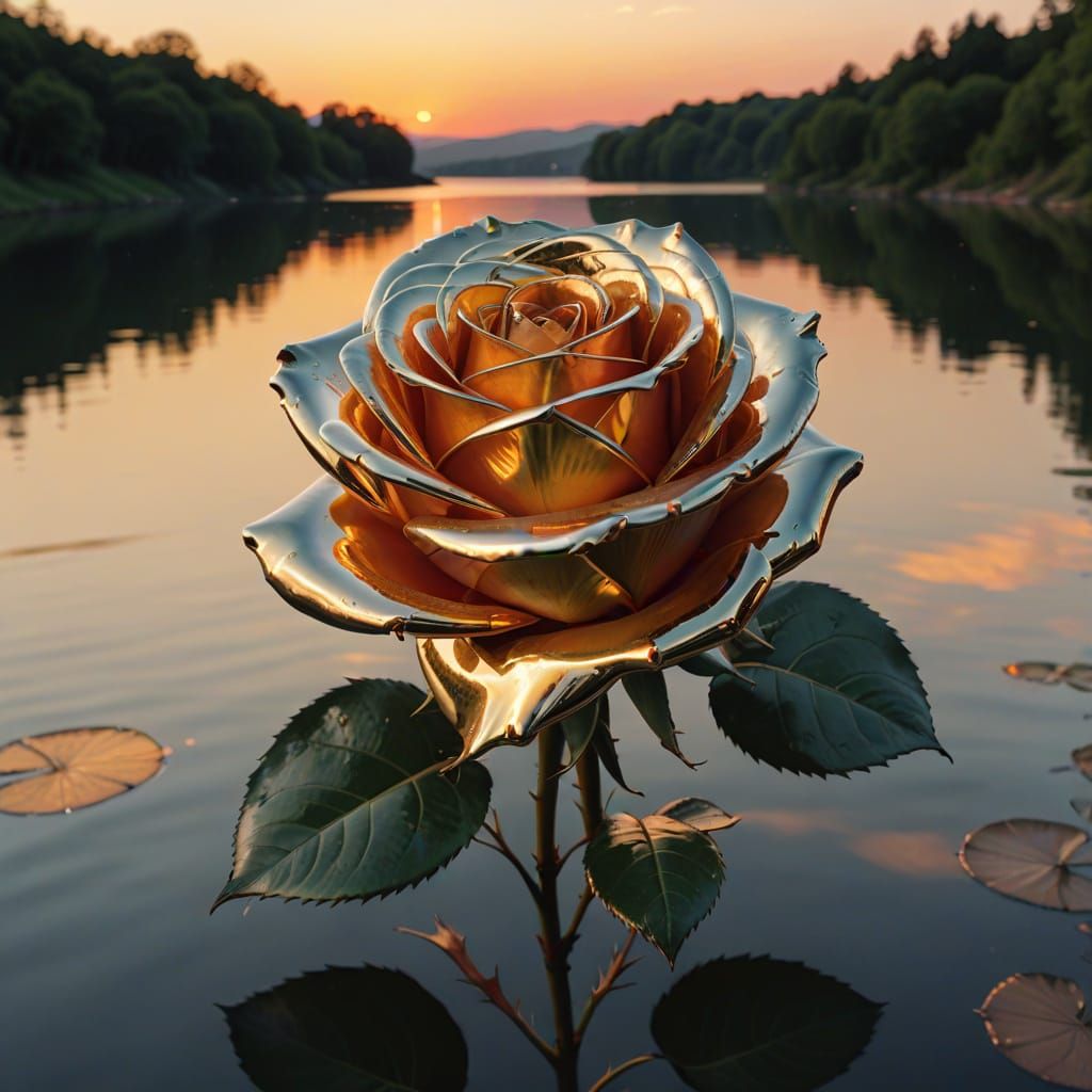 Chrome Rose in Sunset: Hyper-Realistic Digital Art