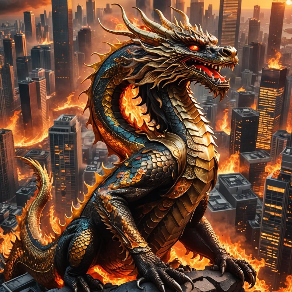 Golden Dragon Flies Through Burning City