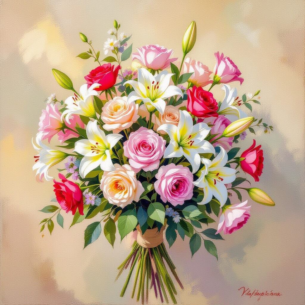 Pastel Flowers Bouquet in Impressionist Style