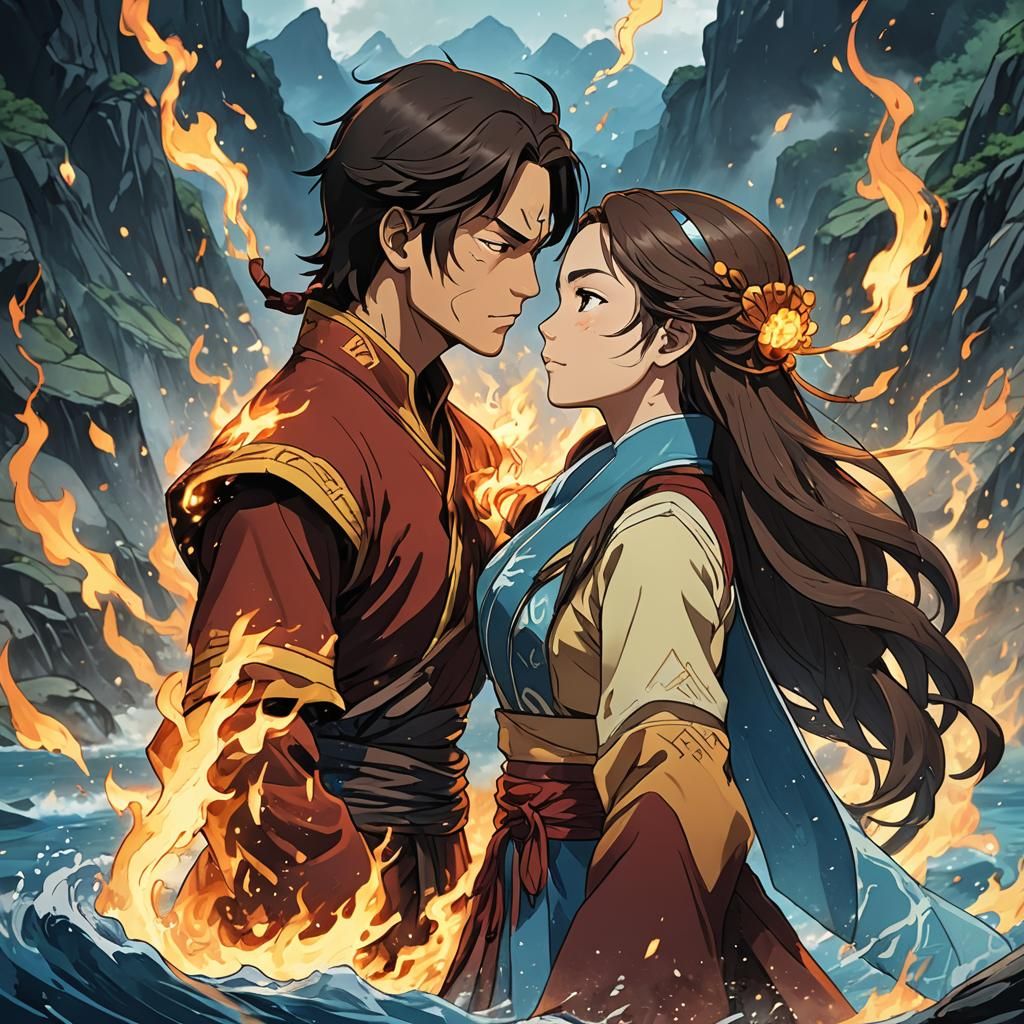 Zuko and Katara Kissing in Anime Style