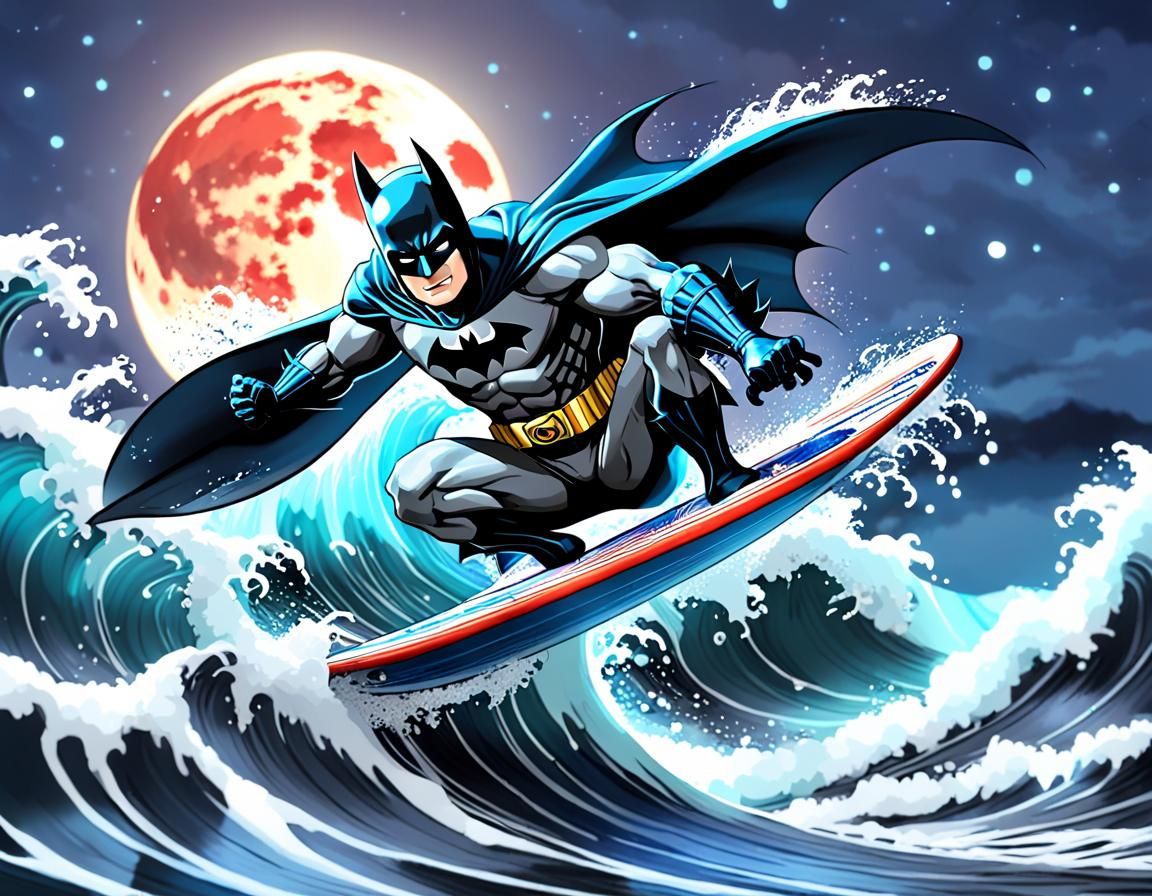 Batman Surfing Tsunami Wave in Anime Style