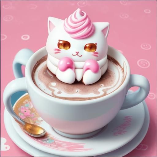 Chibi Marshmallow Cat in Hot Chocolate, Kawaii Art