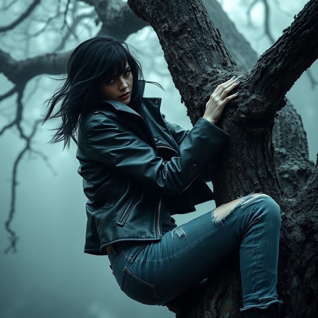 Mysterious Woman Climbs Tree in Moody Atmosphere