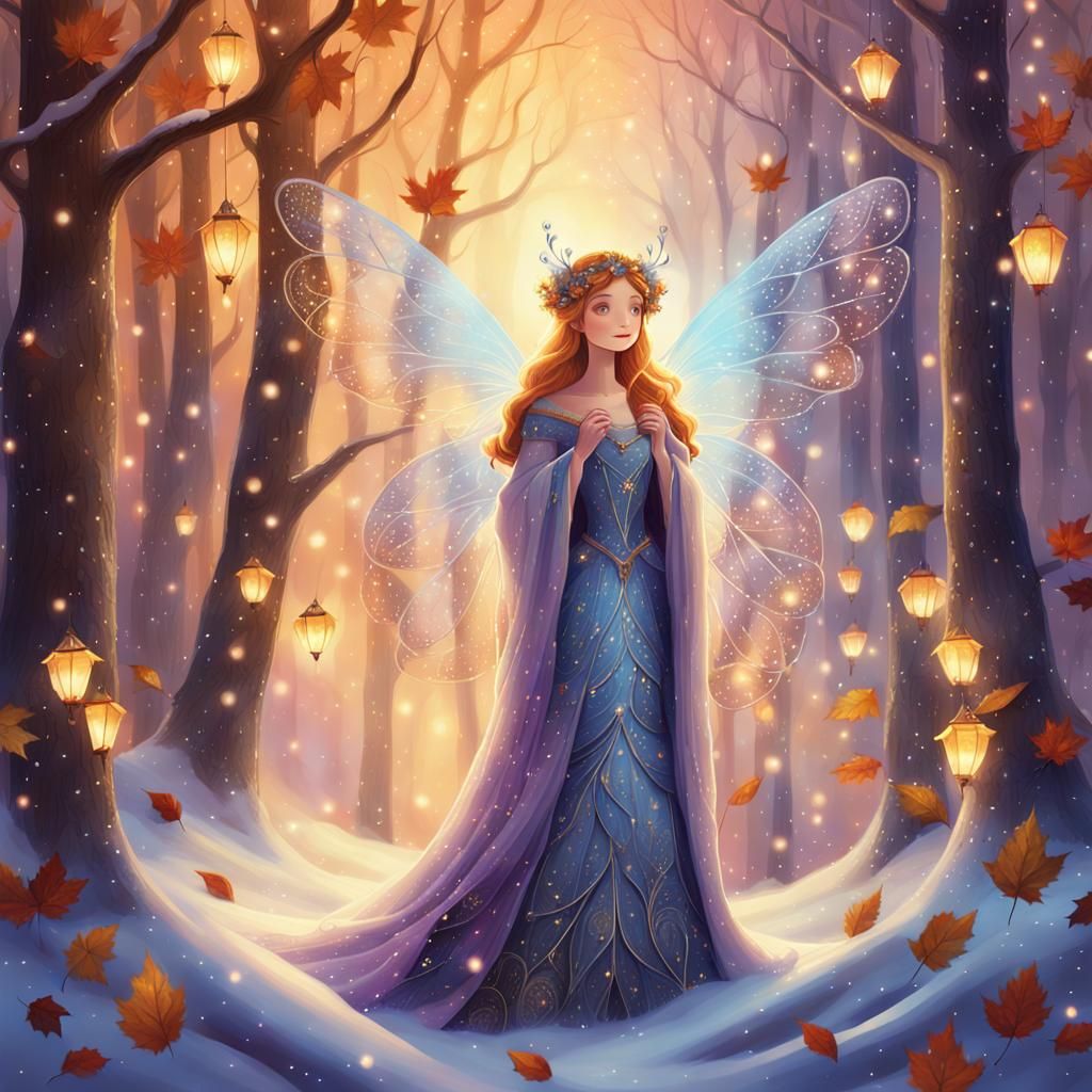 Snow Fairy Queen in Autumn Forest: Whimsical Illustration