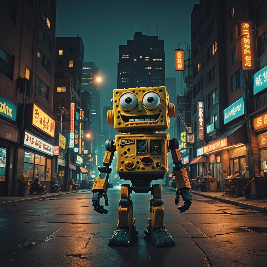 SpongeBob as Robot in Bleak Sci-Fi Cityscape