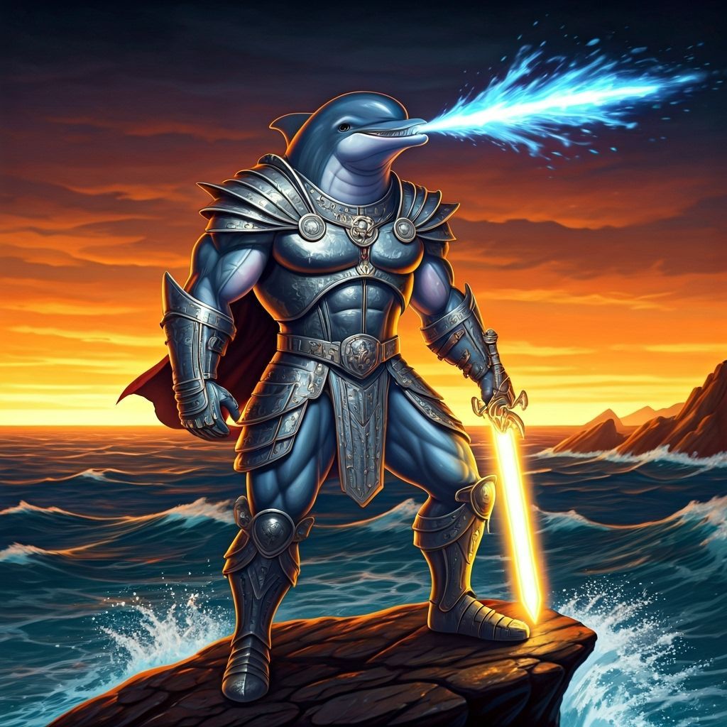 Muscular Dolphin Warrior with Laser Sword on Torrid Sea