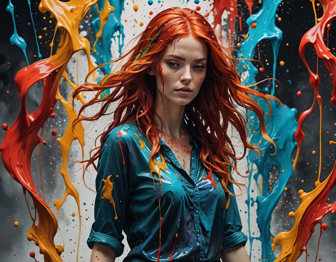 A beautiful woman with flowing red hair that transitions int...