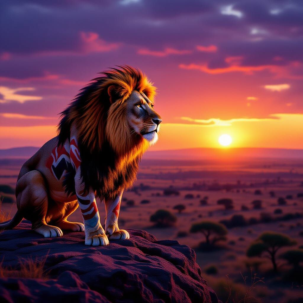 Majestic Lion with Tribal Paint at Sunset Savanna