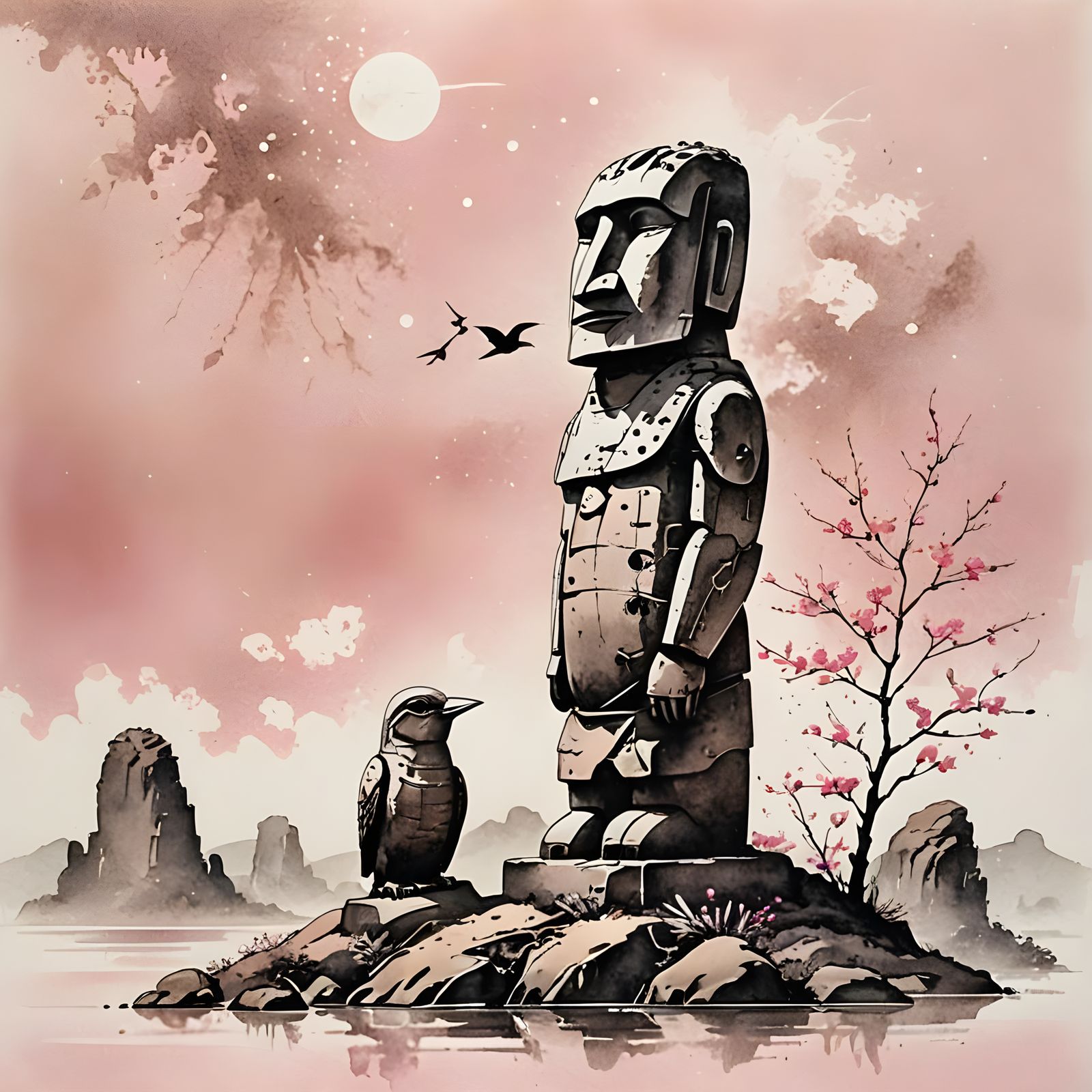 Futuristic Moai with Bird, Sumi-e Ink Art