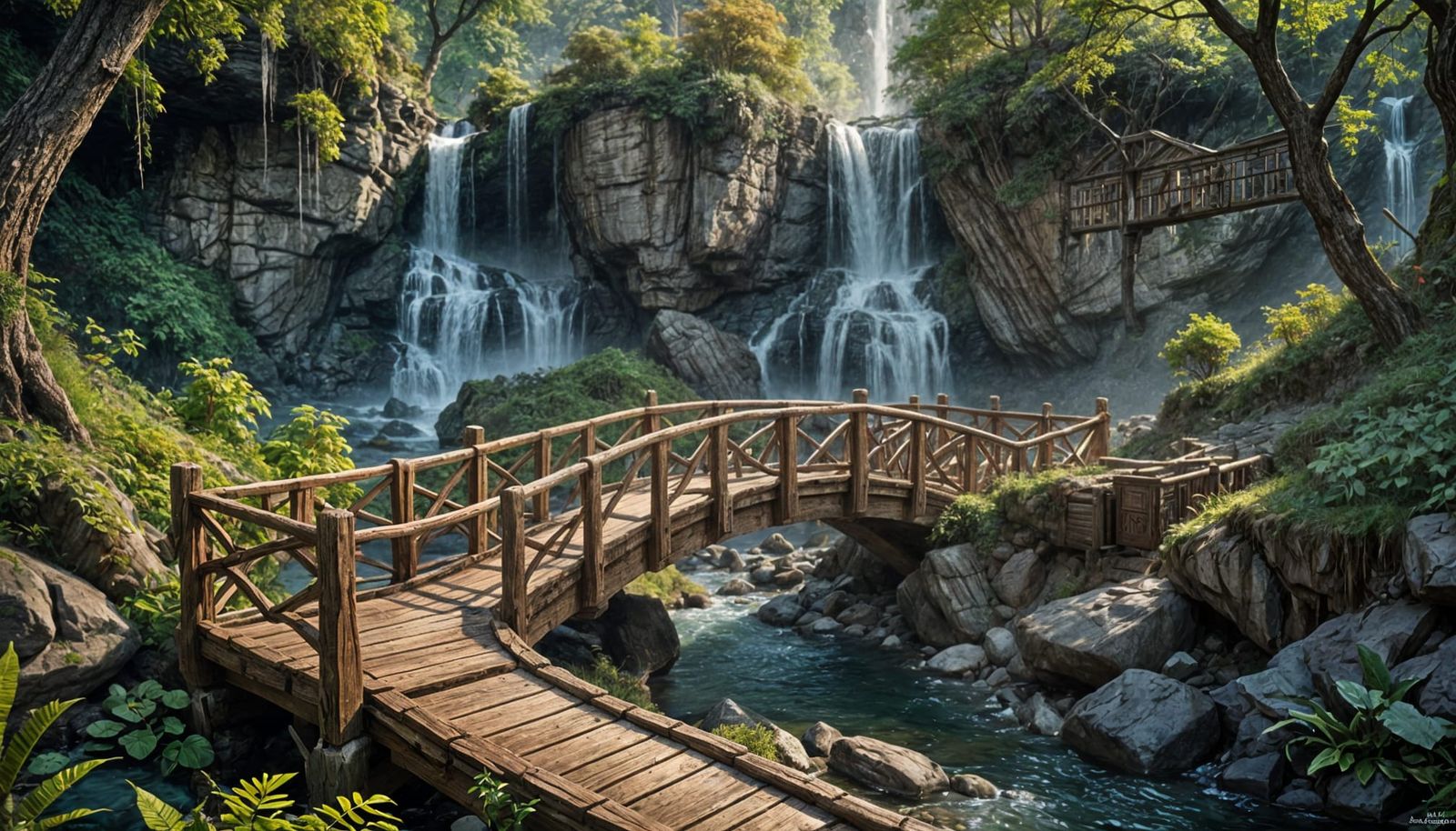 Rustic Footbridge Near Waterfall: Detailed Matte Painting