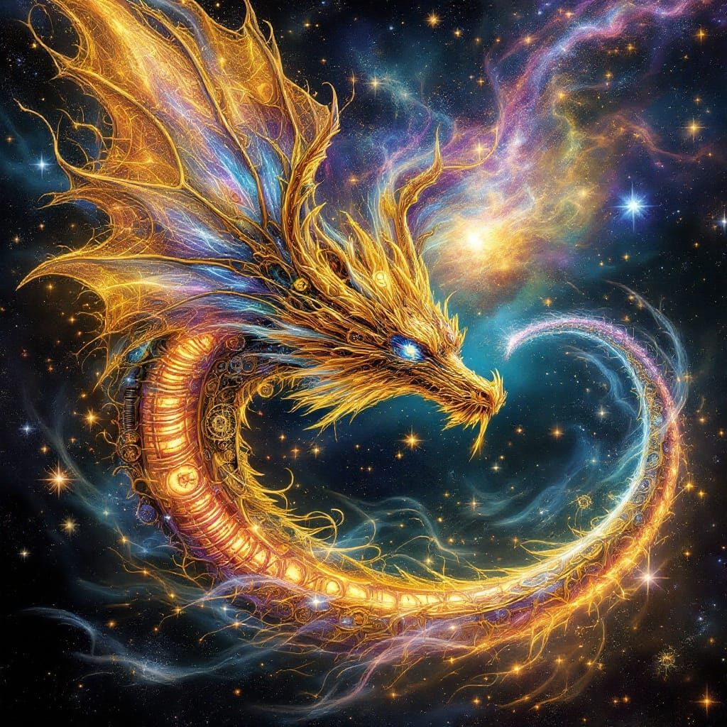 Surreal Clockwork Dragon Soars Through Celestial Nebula