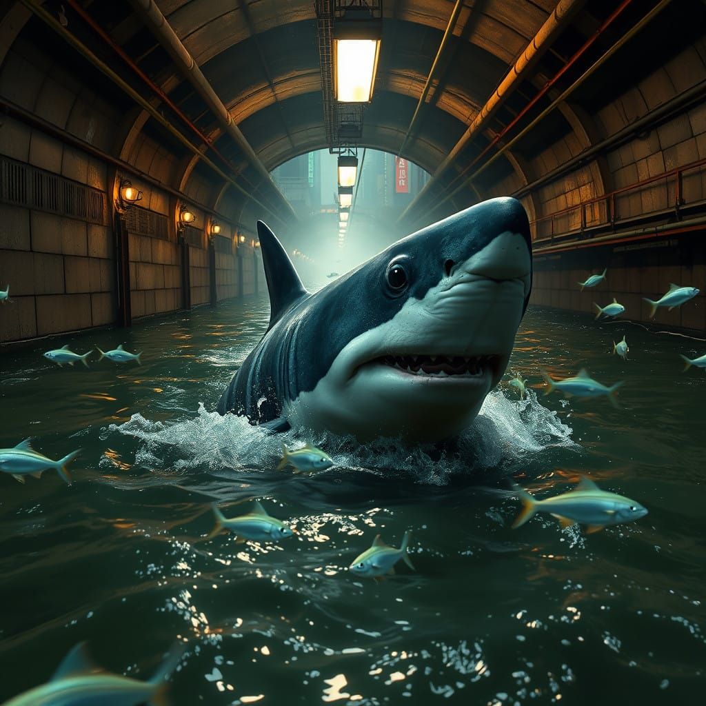 Shark Emerges from Flooded Metro Tunnel, Schools of Fish Sca...