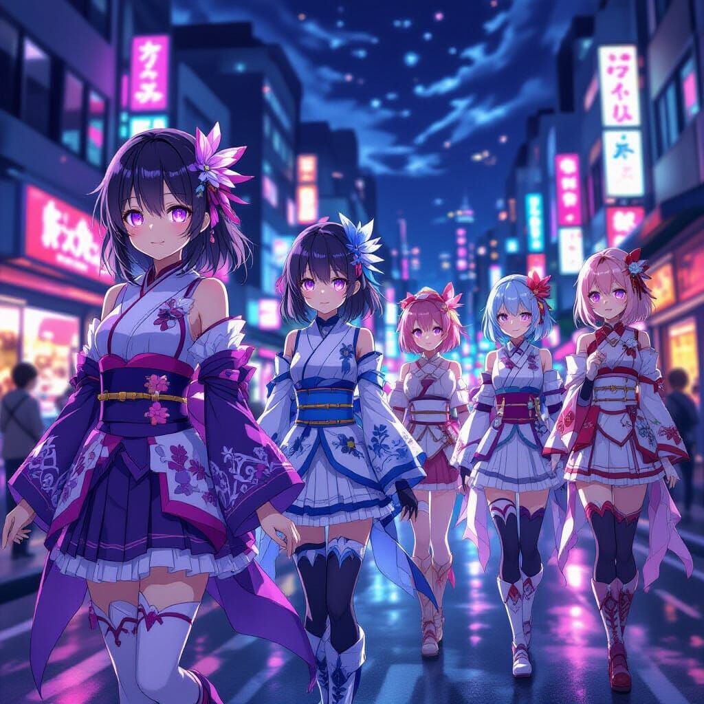 Anime Goddess Leads Girls Through City Streets