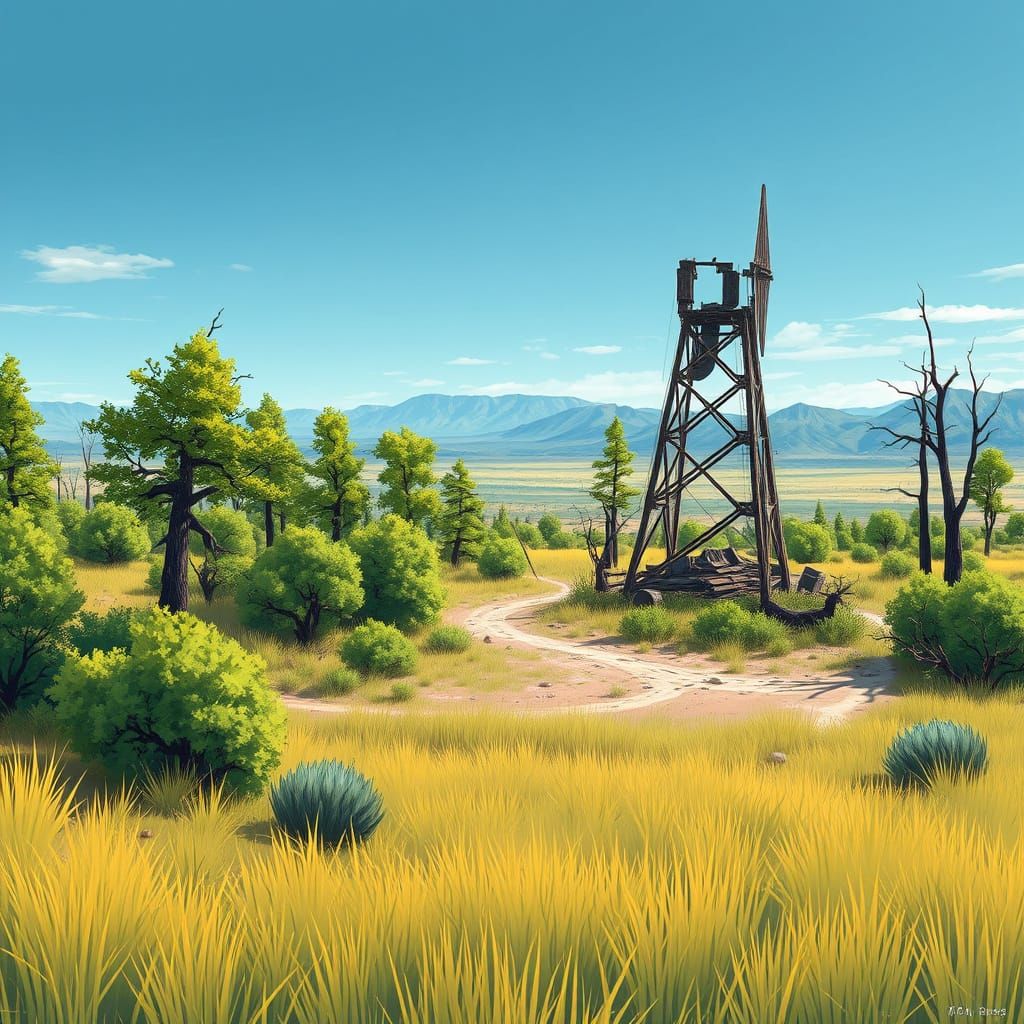 Post-Modern Dystopian Landscape in Vibrant Anime Style