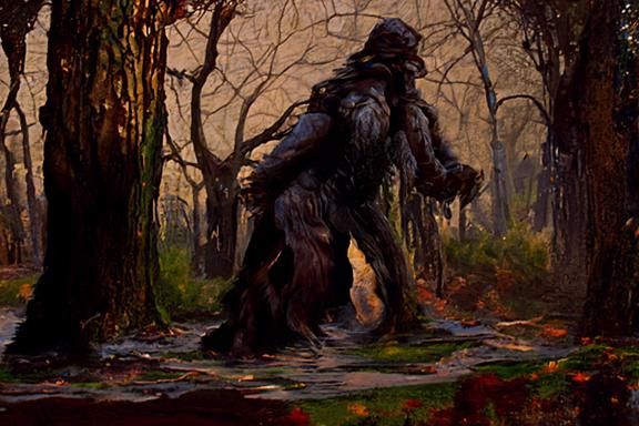 Bigfoot Emerges from Dark Forest: Sinister Oil Painting