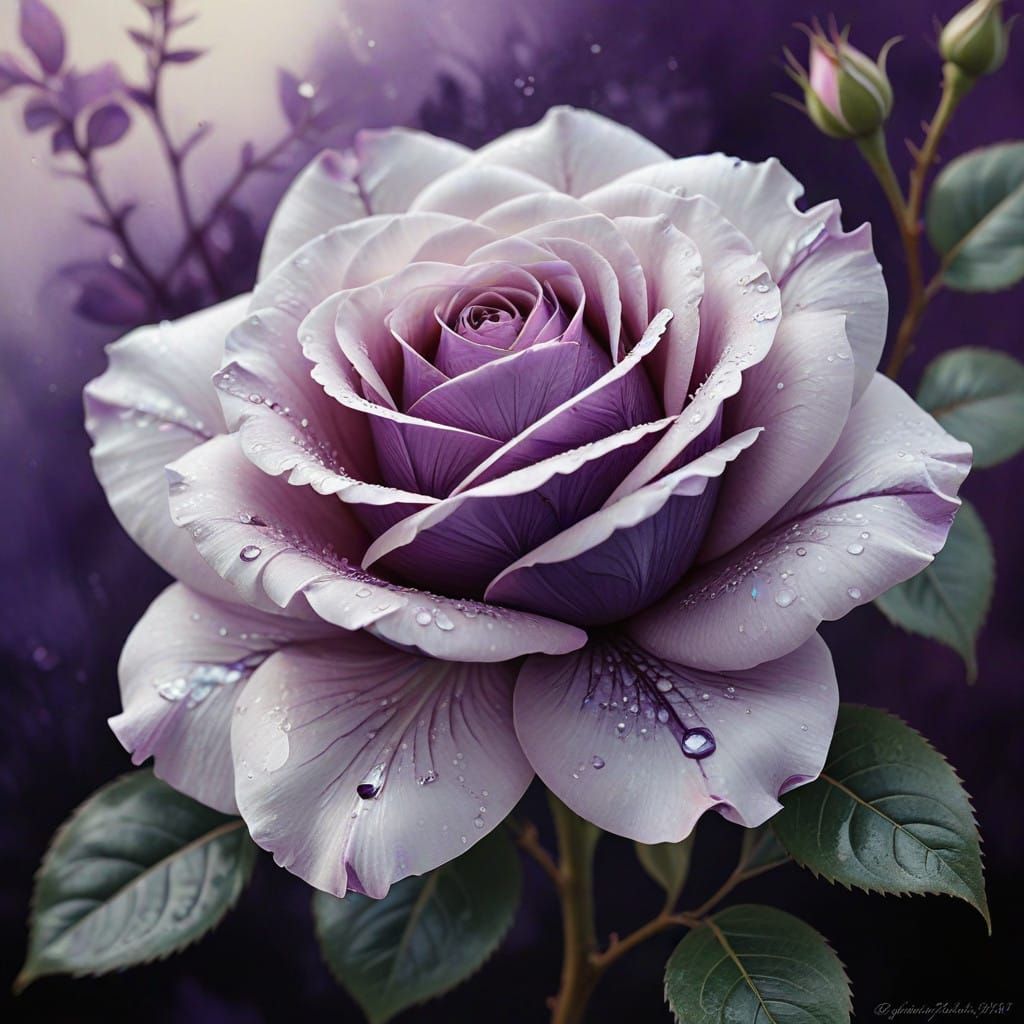 Ethereal 18th-Century Botanical Rose in Purple and White