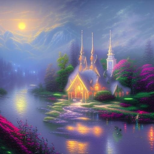 Ethereal Temple Illuminated by Moonlight and Flowers