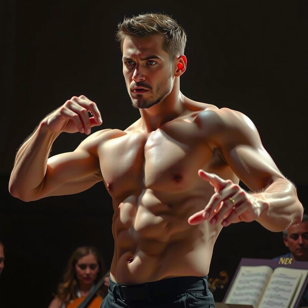 Dramatic Conductor in Intense Rembrandt Lighting