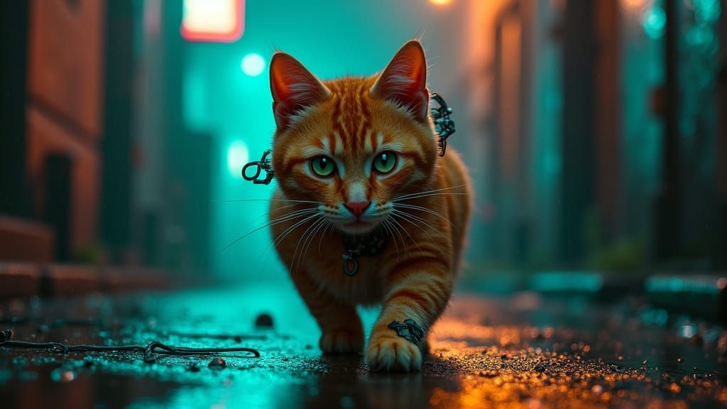 Cyberpunk Ginger Cat Navigates Rain-Soaked City Alleys in Cy...