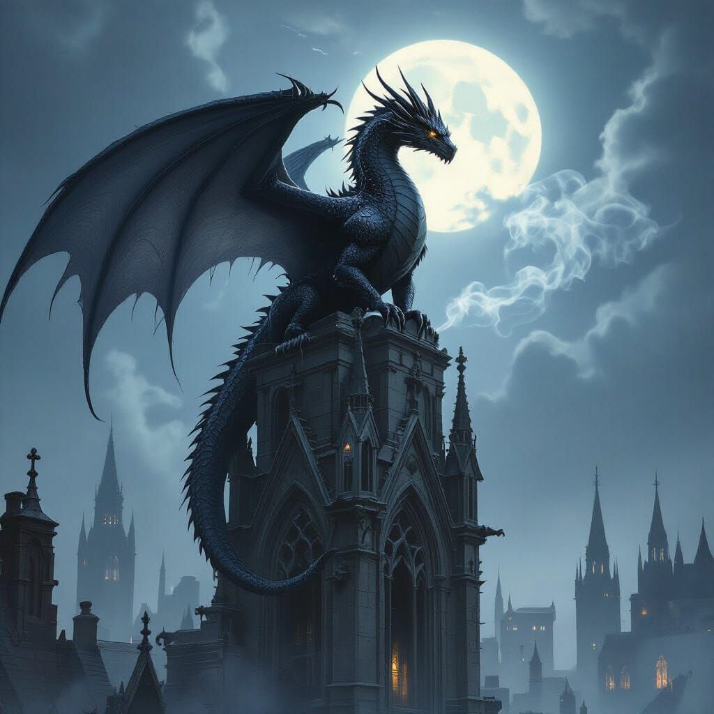 Ancient Dragon on Gothic Cathedral in Moonlight