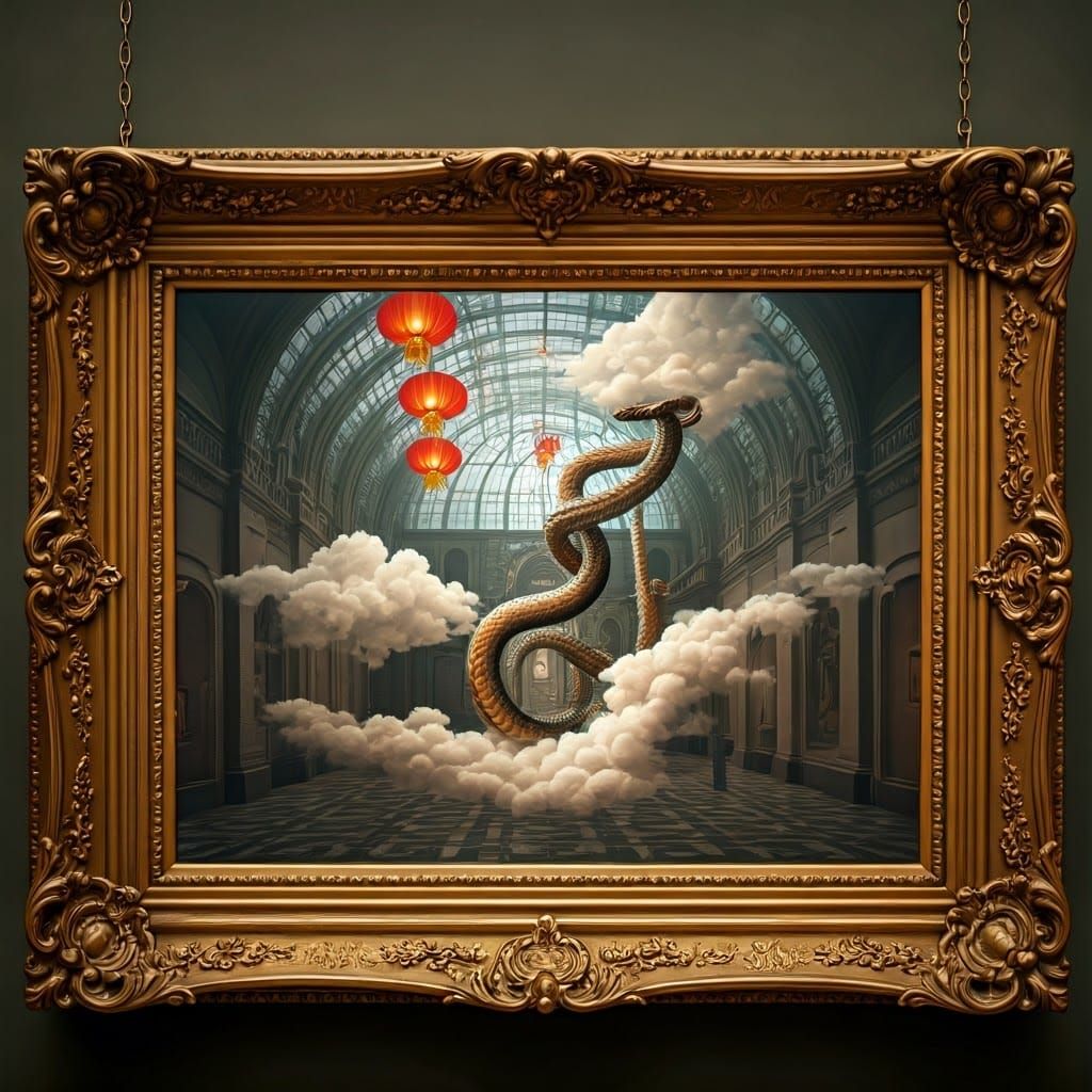Surrealist Serpent Ascends into Dreamlike Museum