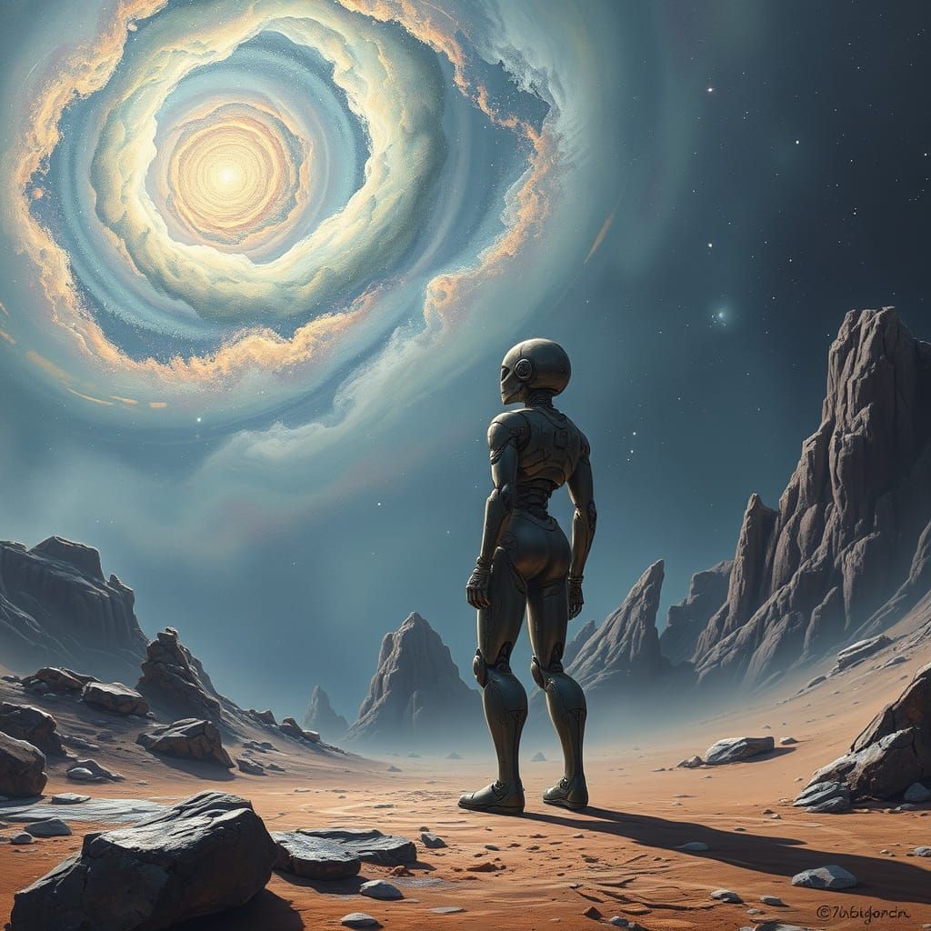 Automaton on Alien Planet Gazing at Cosmic Nebula