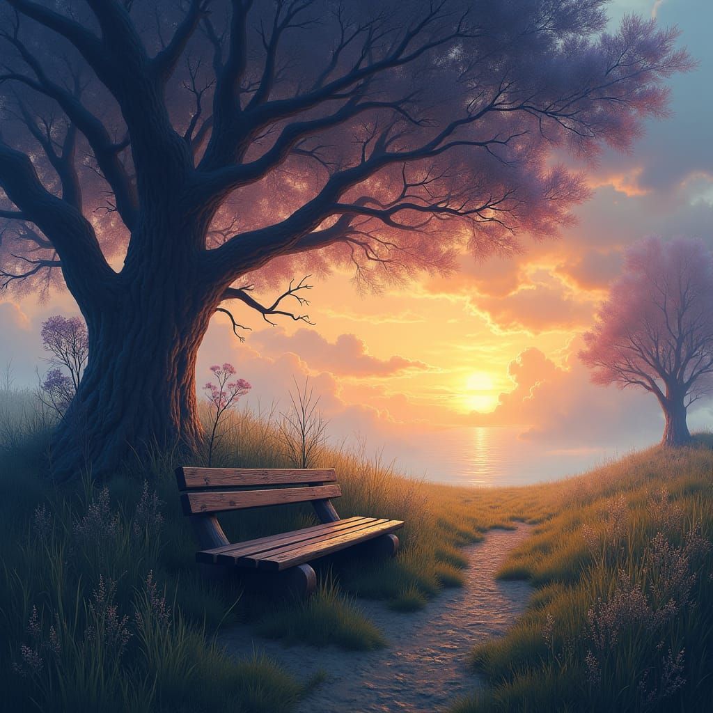Ethereal Watercolor Landscape with Lonely Bench
