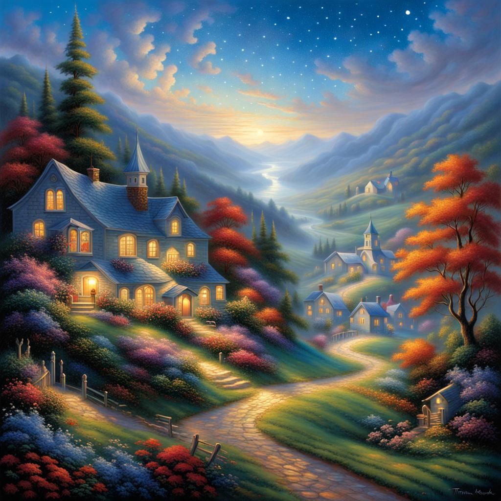 Starry Night Inspired Village Landscape