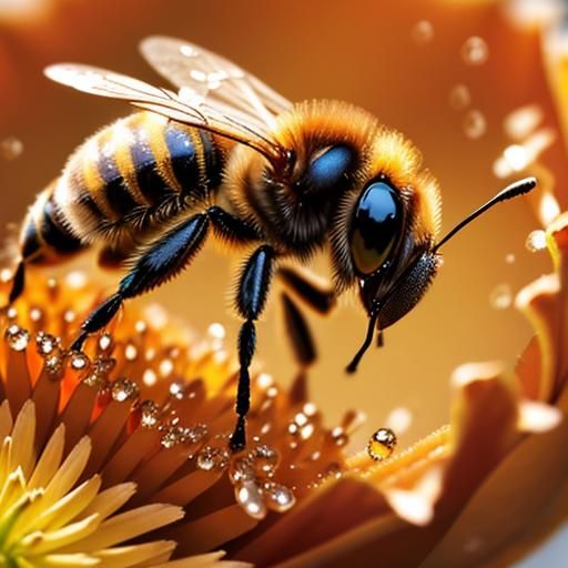 Macro Bee Drinking Honey in Morning Light