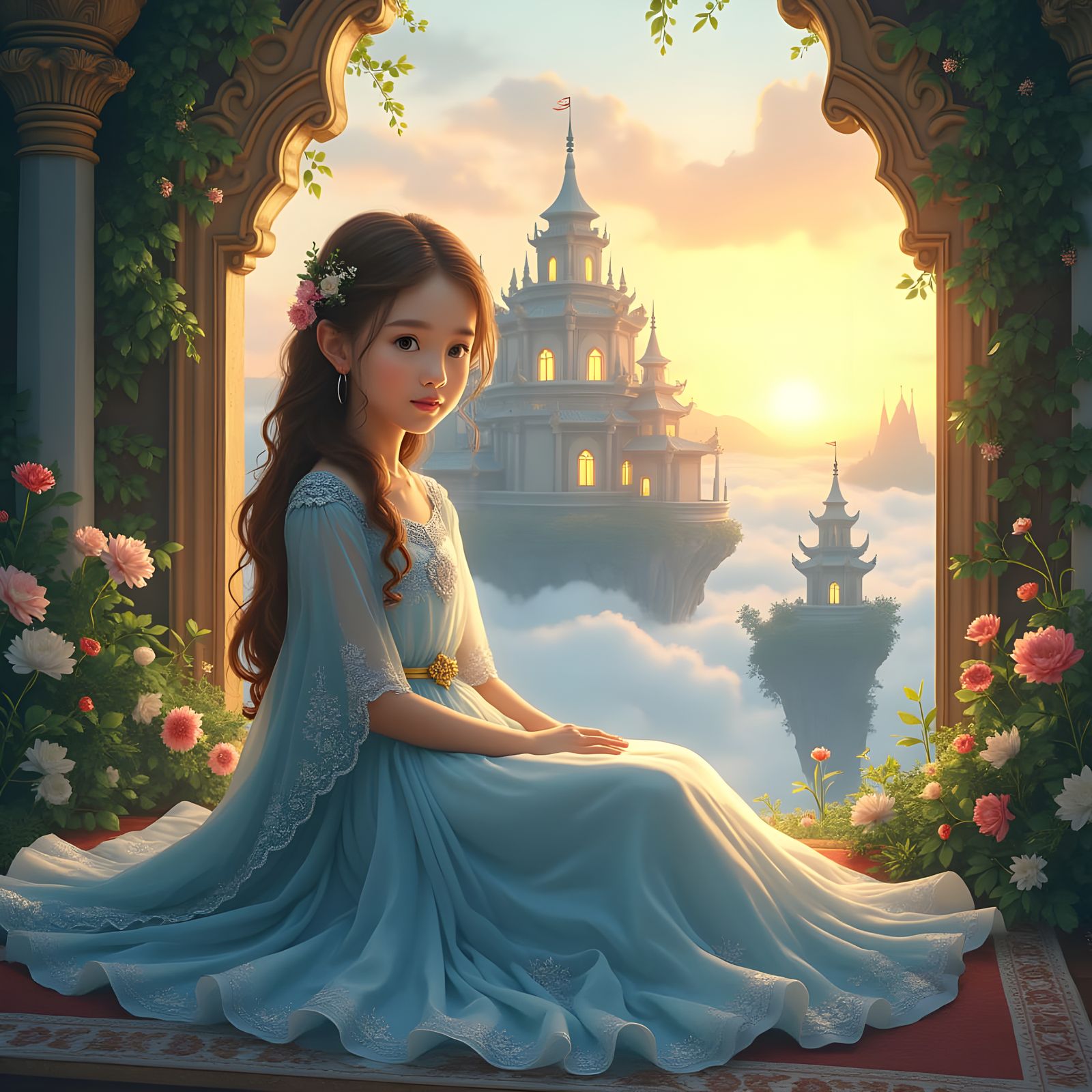 Girl Gazing at Floating Mountains in Palace Window