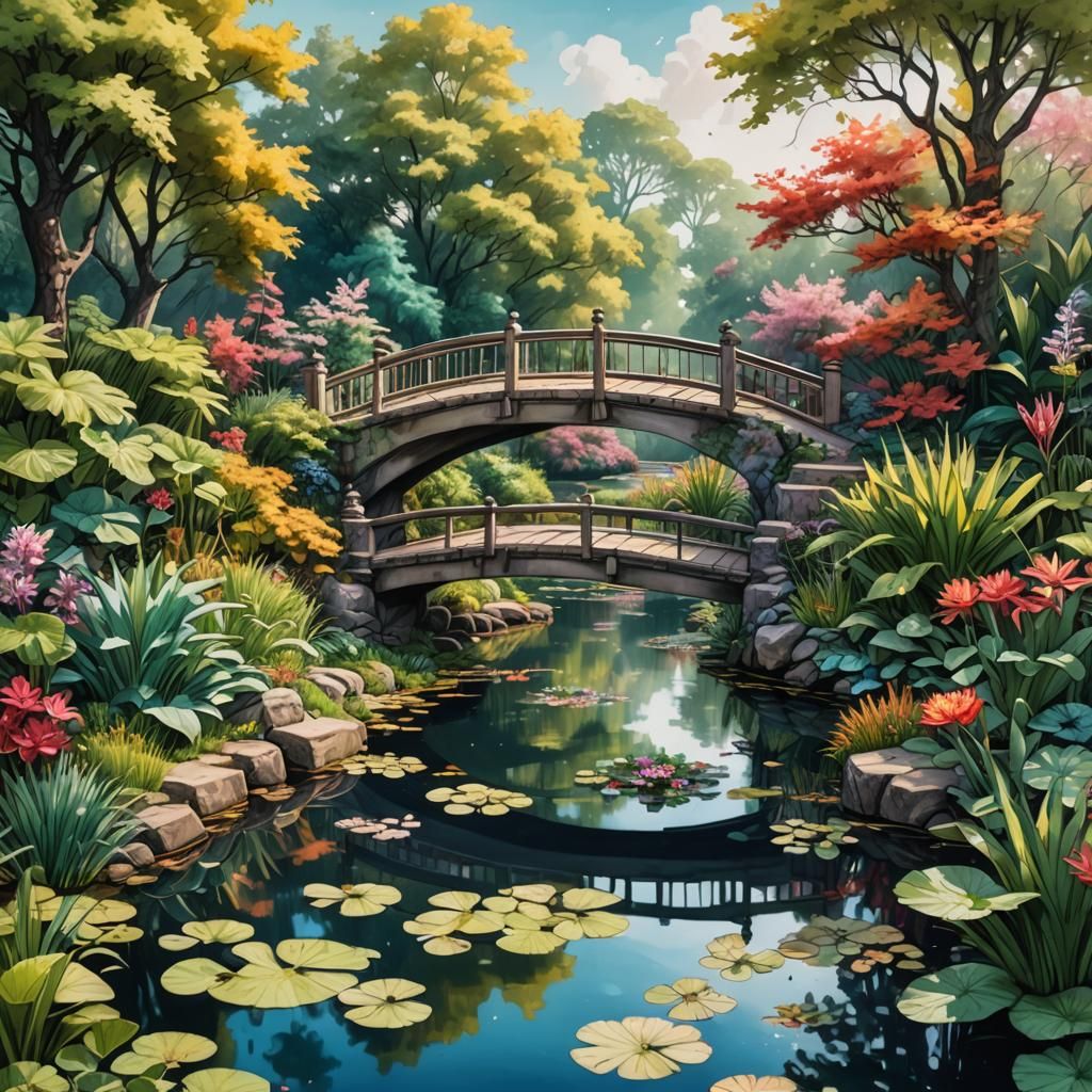 Hyperrealistic Botanical Ink Gardens with Pond