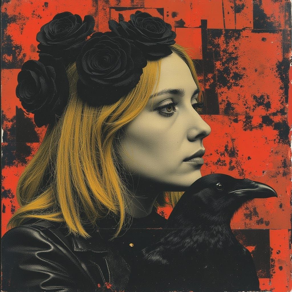 Golden-Haired Woman Adorned with Black Roses as Digital Art
