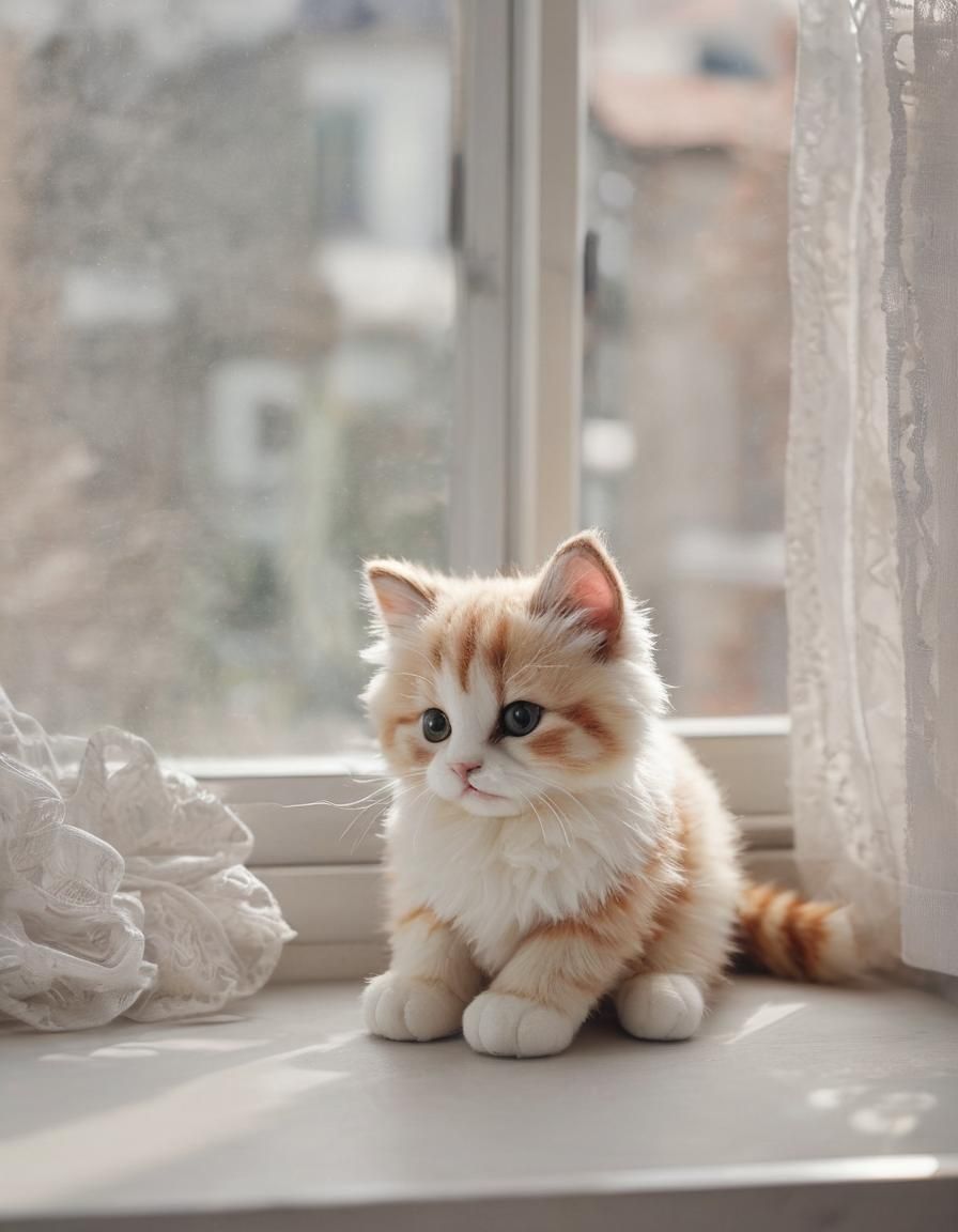 Dreamy Kitten Plushie on Window Sill