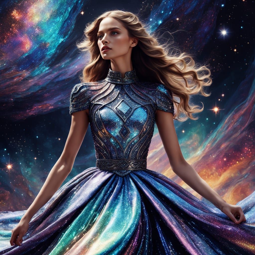 Iridescent Sequin Gown Shines in Galaxy Background