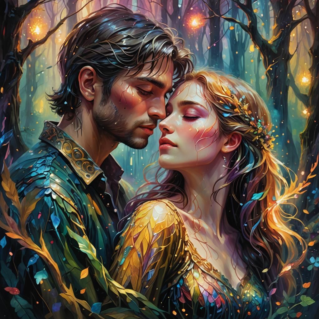 Lovers Embrace in Mystical Forest: Fantasy Concept Art