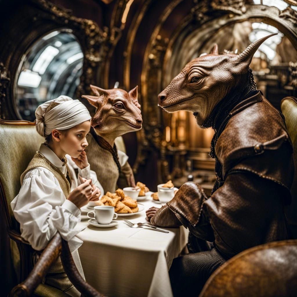 Surreal Alien Restaurant Celebration in Magical Realism