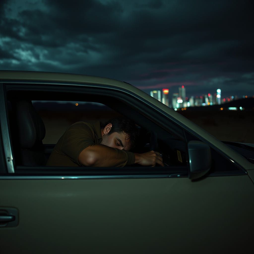 Exhausted Driver Surrounded by Abandoned Wasteland