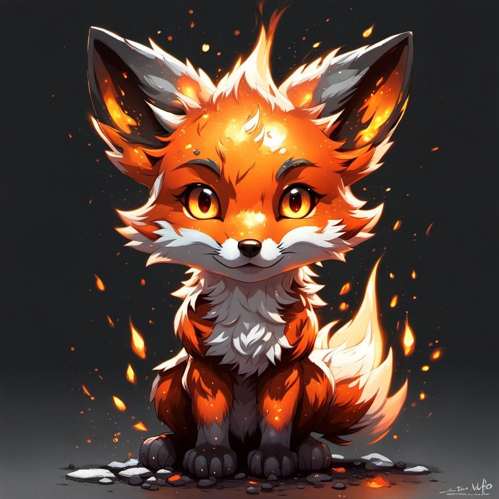 Fiery Chibi Fox Cub Digital Art