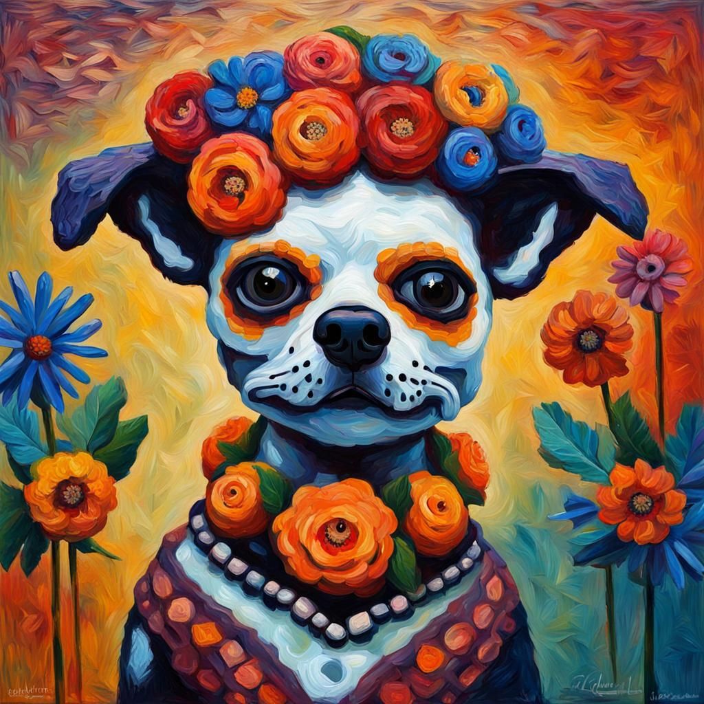 Day of the Dead Dog in Frida Kahlo Style