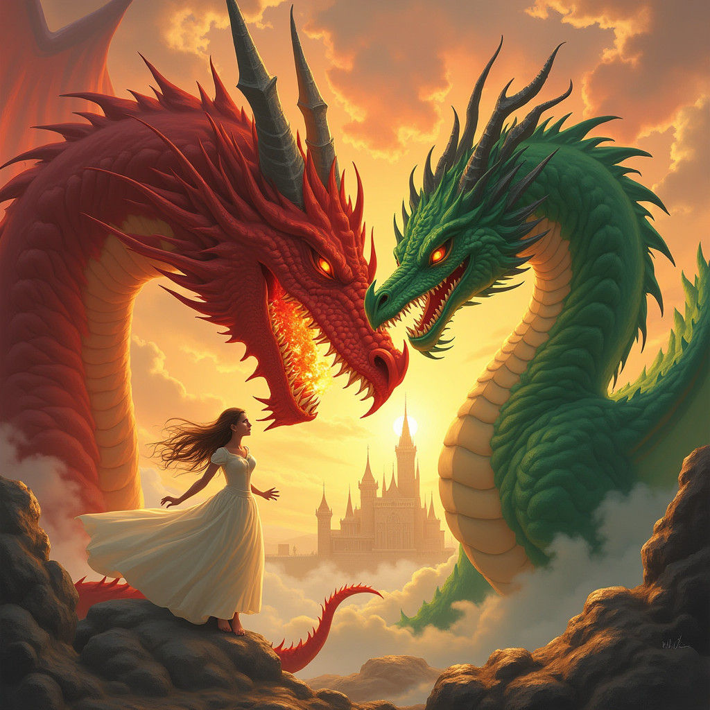Dragons Clash Over Princess in Fantasy Concept Art