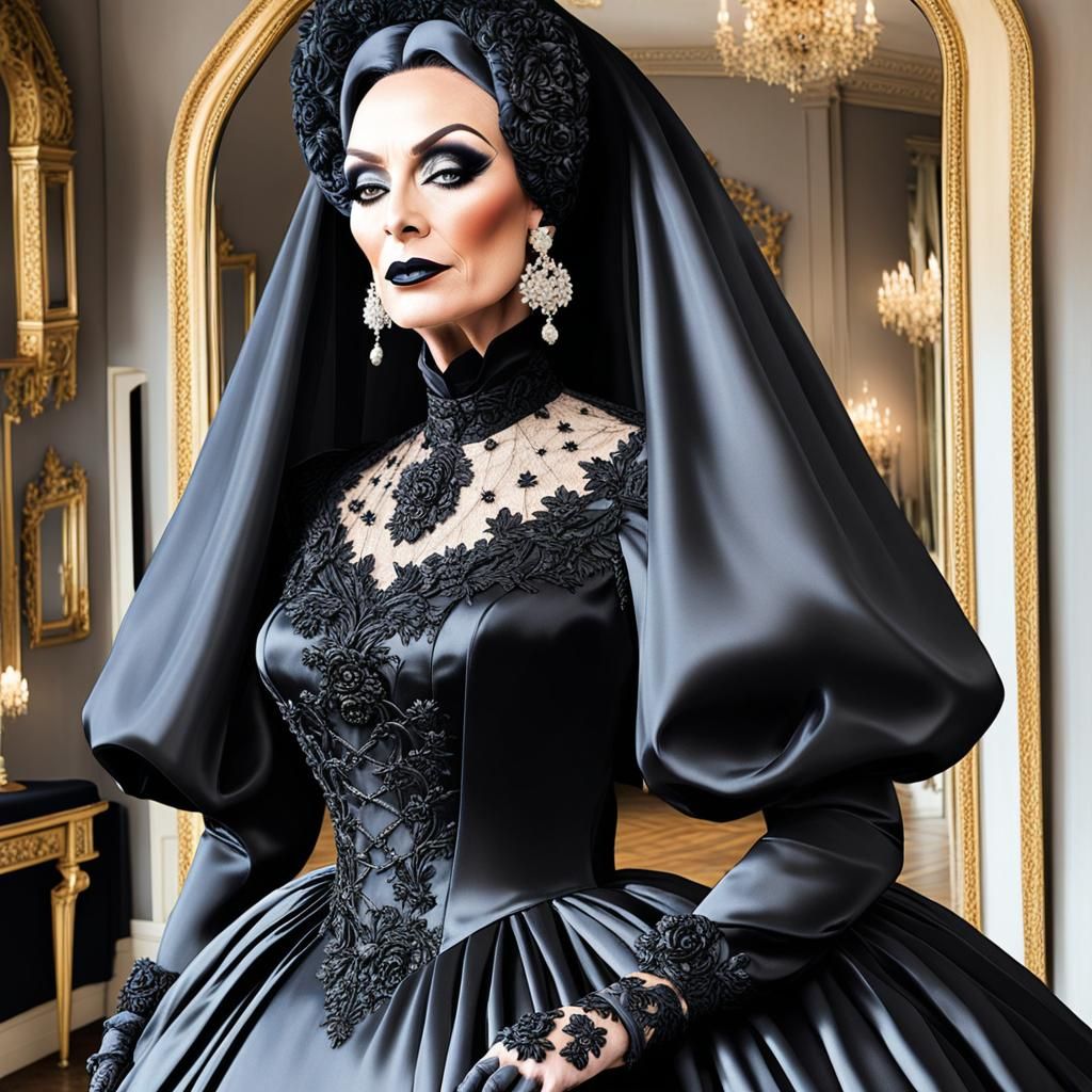Black Satin Victorian Drag Queen in Mourning Gown
