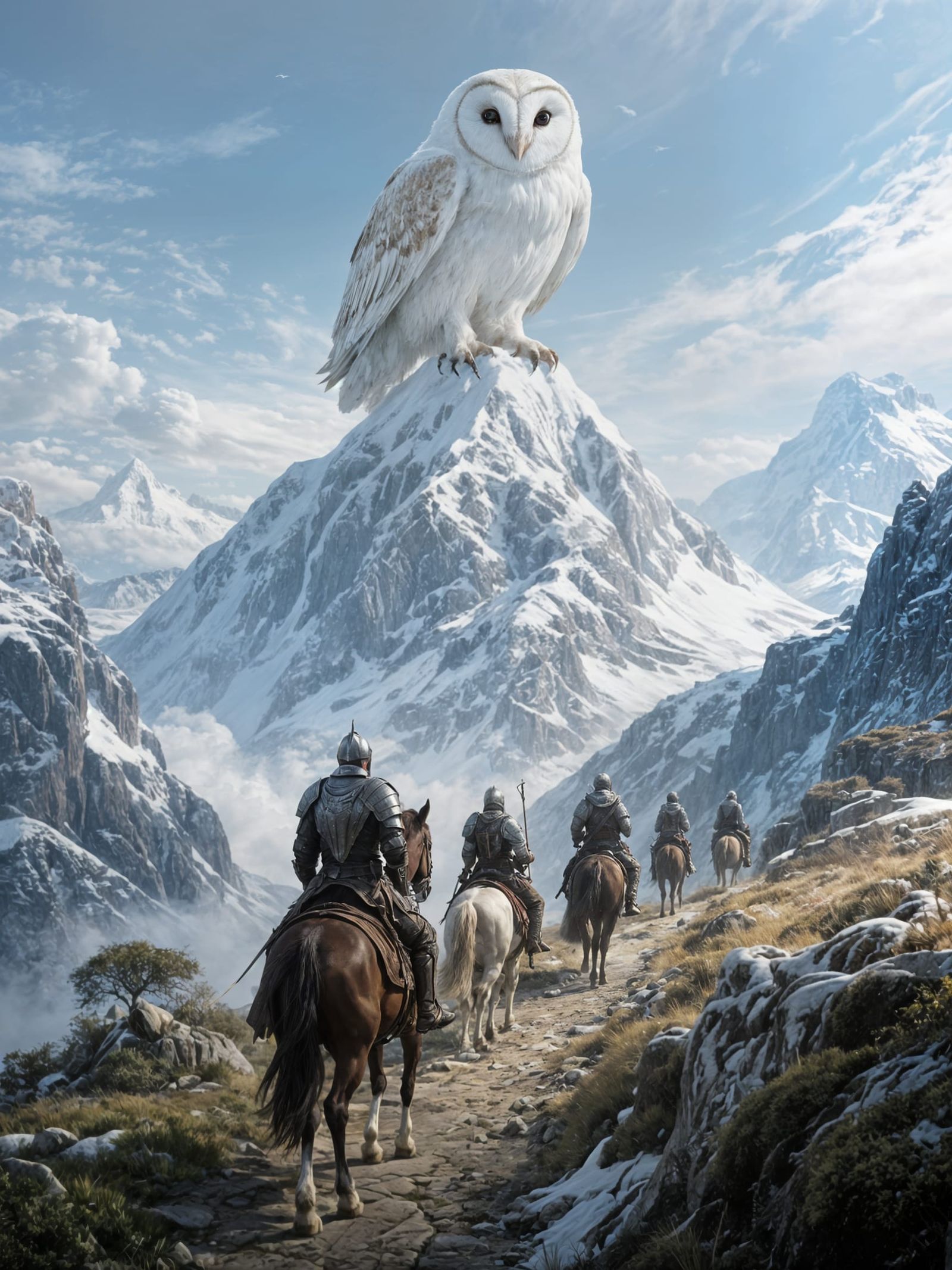Giant Barn Owl on Snowy Mountain With Knights