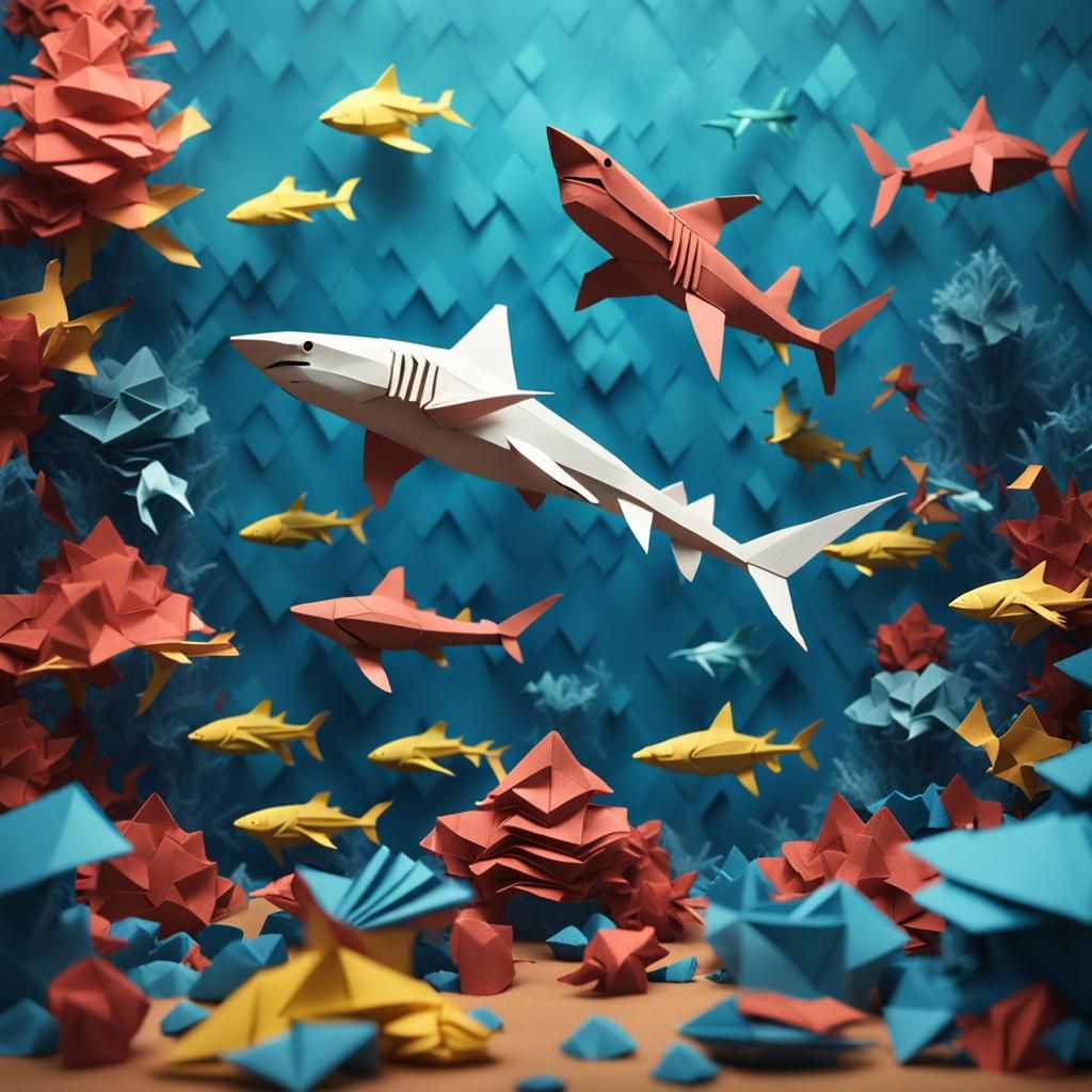 Origami Scuba Diver and Shark Underwater