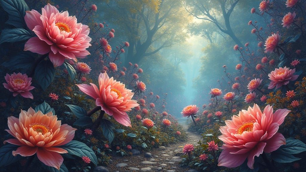 Dreamlike Garden Blooms with Vibrant Fractal Patterns in Dig...