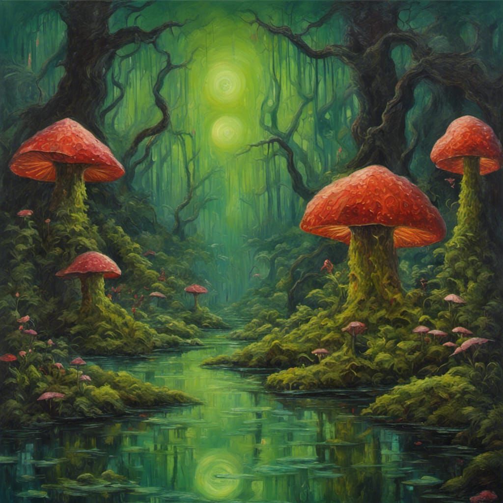 Fantasy City in Mossy Swamp: Neo-Impressionist Oil Painting