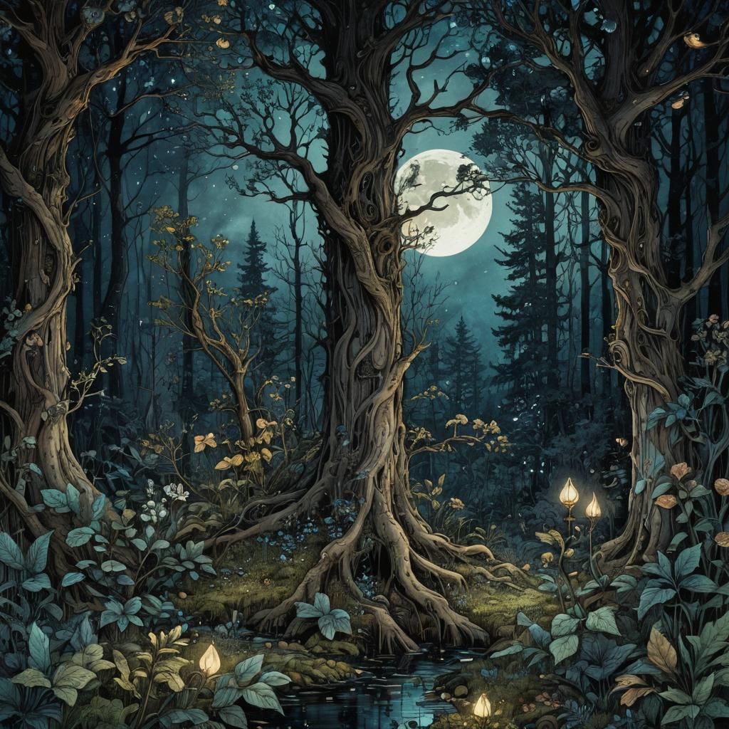 Whispering Woods: Detailed Ink Art Nouveau Forest