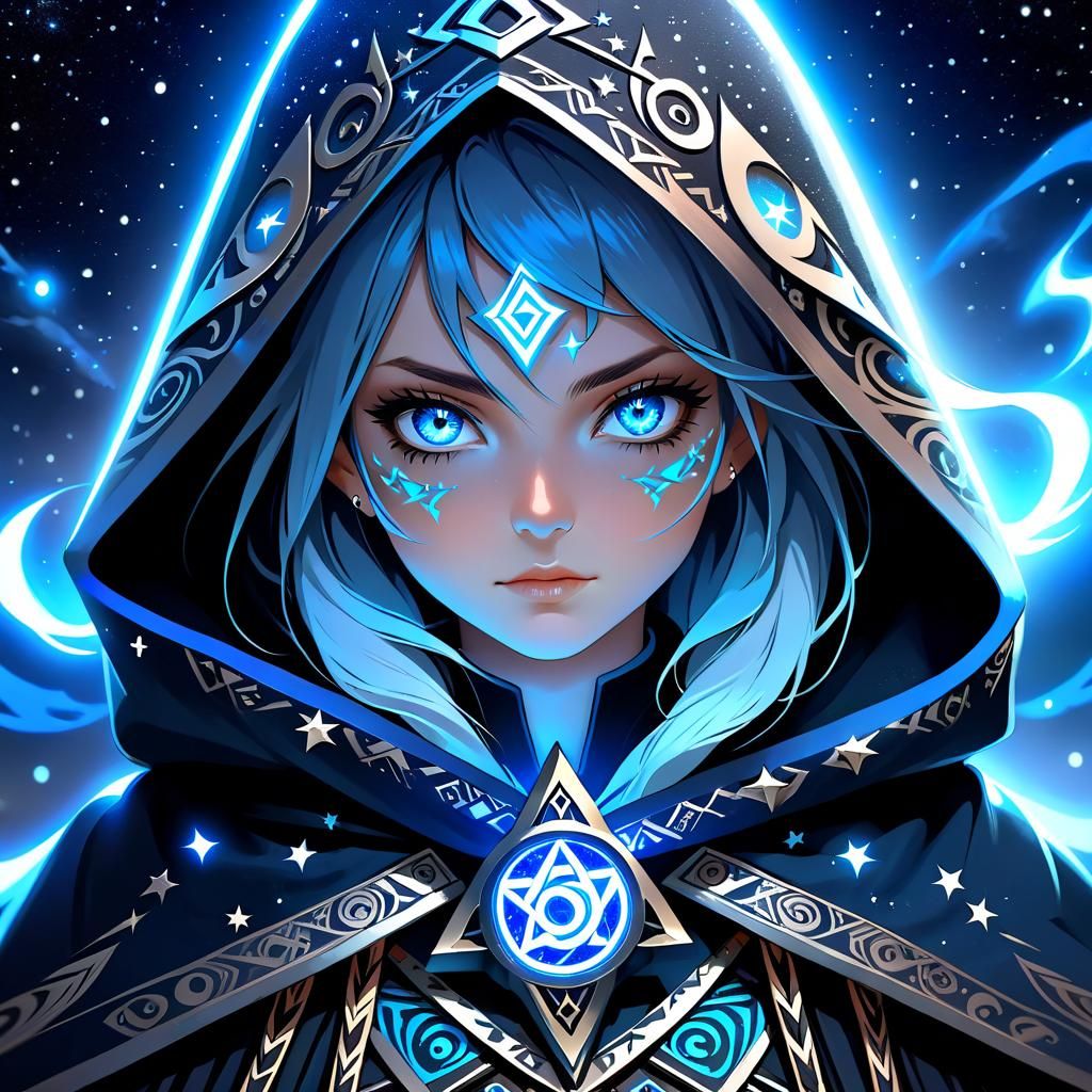 Mysterious Sorceress with Starry Cloak and Glowing Eyes