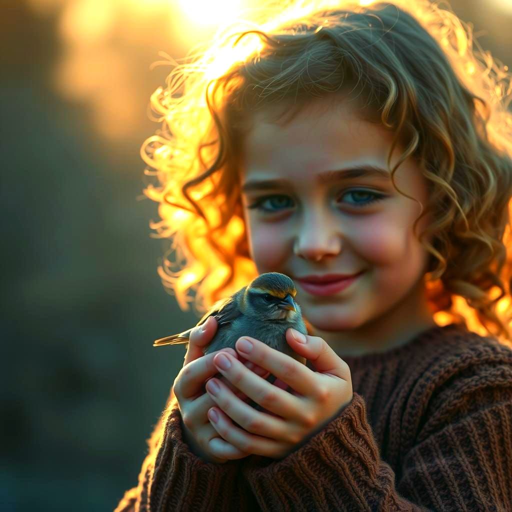 Girl Holding Bird in Hyperrealistic Style