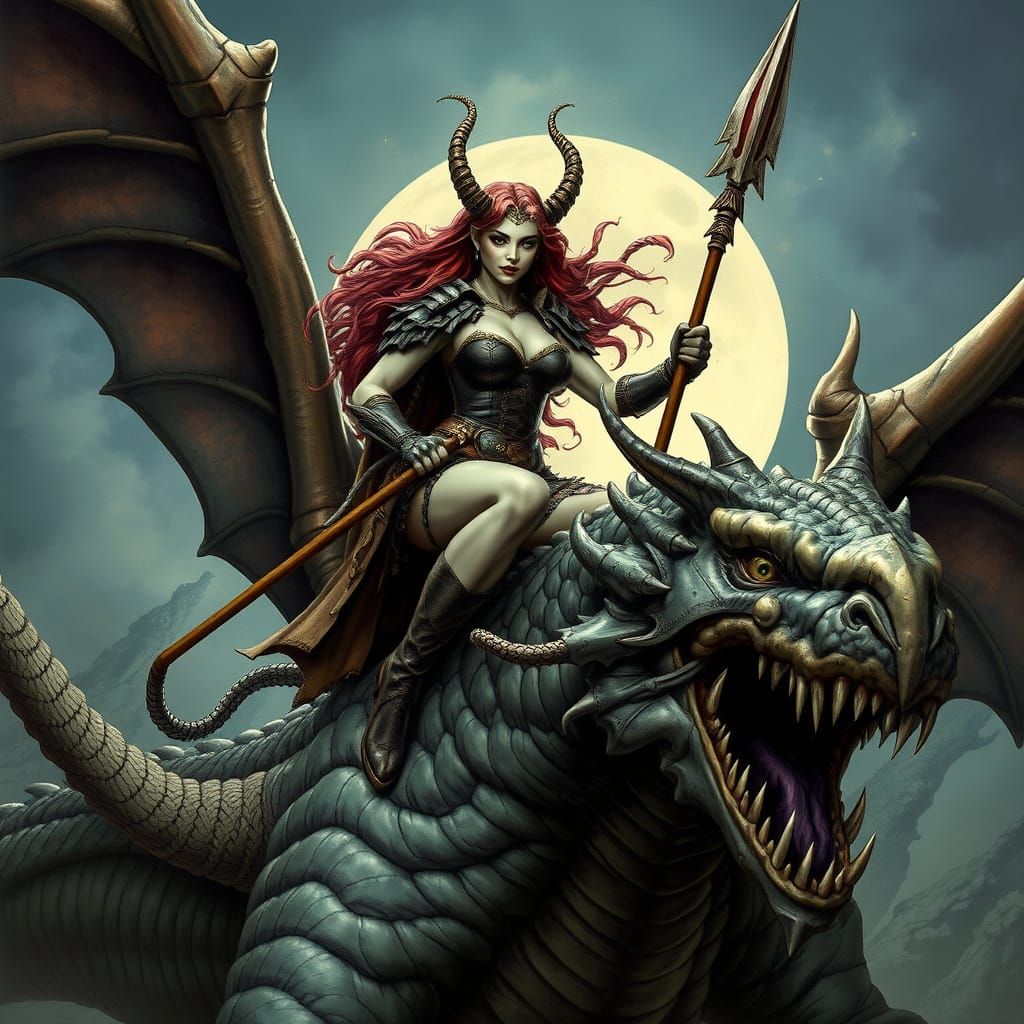 Medusa Rides Dragon: Dark Fantasy Art