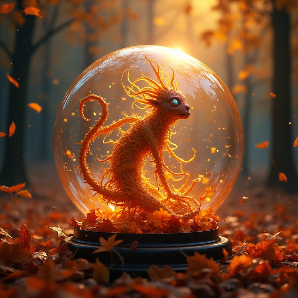 Halloween Creature in Glass Sphere with Autumn Leaves